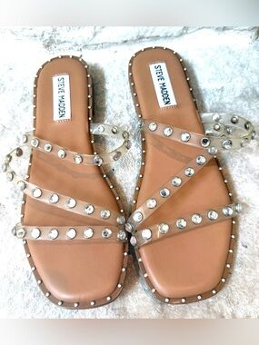 Brand New Steve Madden Tan Sandals with Clear Crystal-Strap Accents